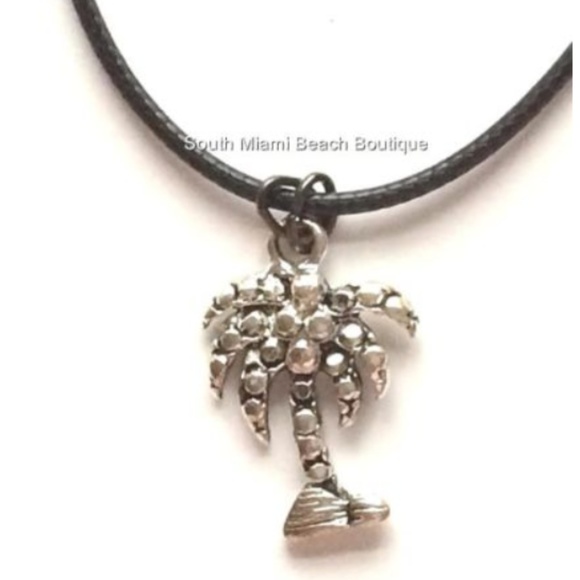 Palm Tree Necklace Silver Plated Black Cord Coconut Island Beach Surfer Hawaiian - Picture 2 of 8